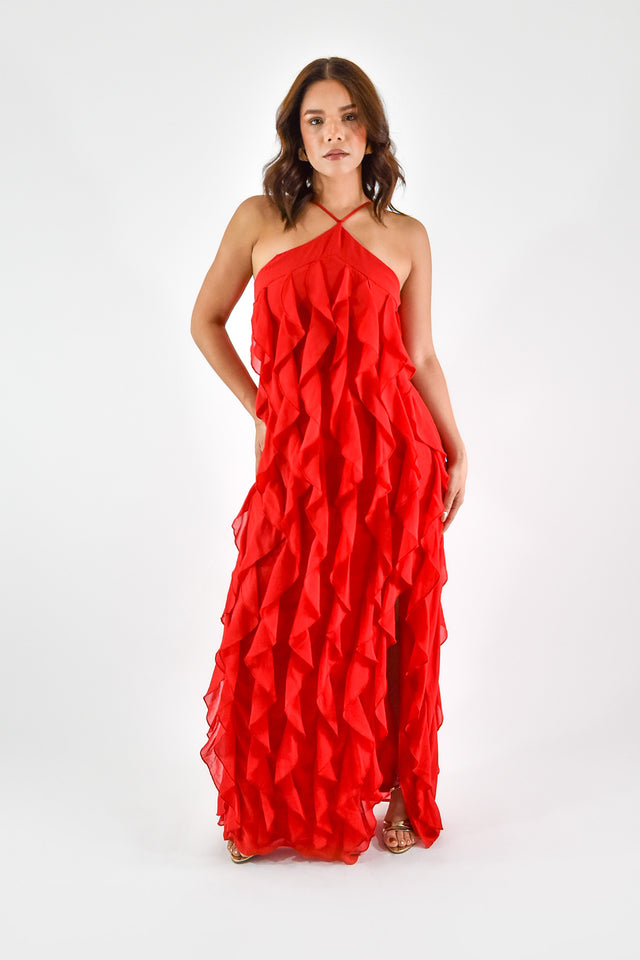 VESTIDO HALTER CON CASCADAS